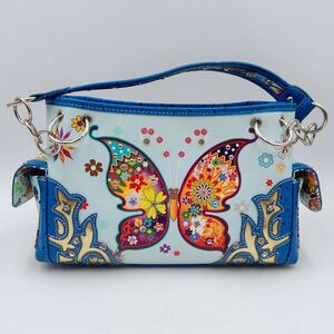 Cowgirl Trendy Butterfly Handbag Flower Blue Western Purse Women Shoulder Bag